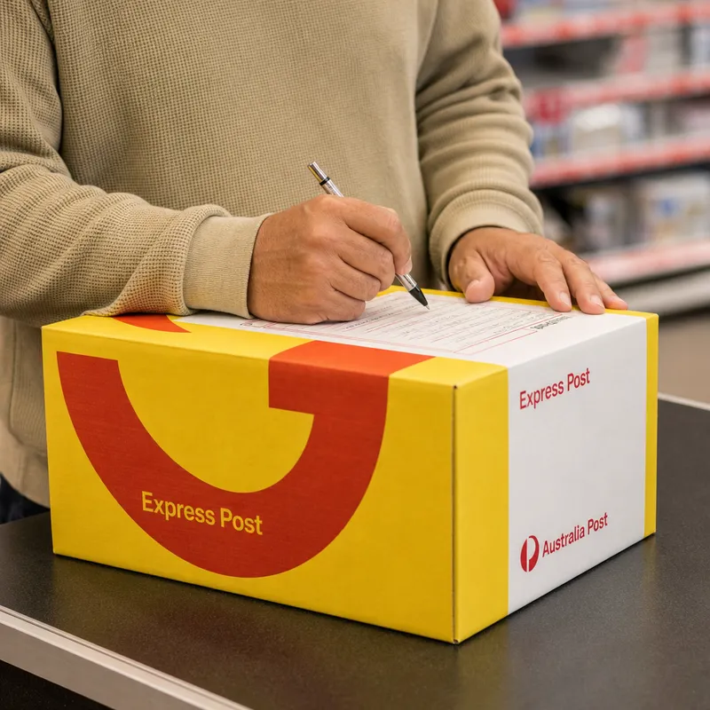 Customer's hands writing the address on a yellow Australia Post Express Post box at a post office counter