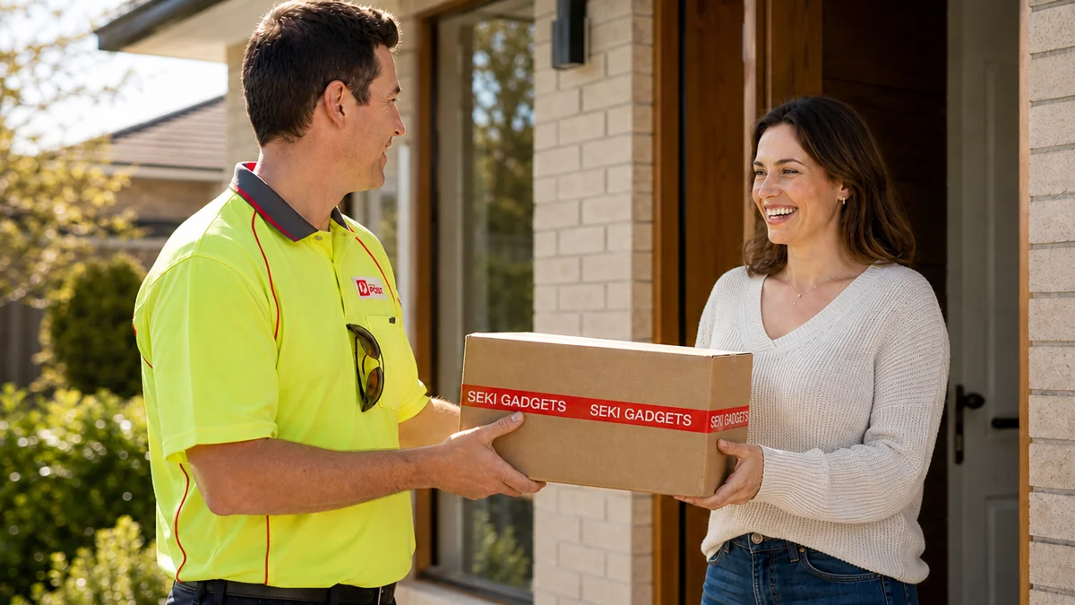 Australia Post courier delivers a Seki Gadgets mail-in repair parcel to a smiling woman at her front door