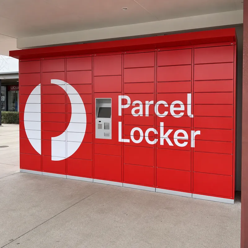 Bank of red Australia Post Parcel Lockers with a keypad unit under a shopping-centre walkway