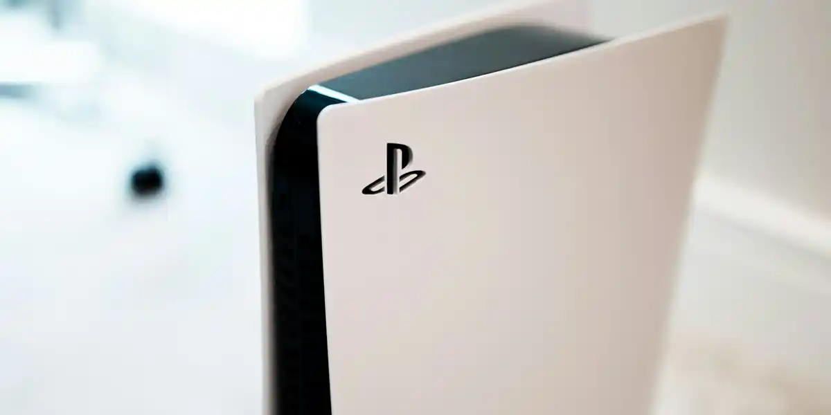 Close-up view of the PlayStation 5 console's white side panel with PS logo